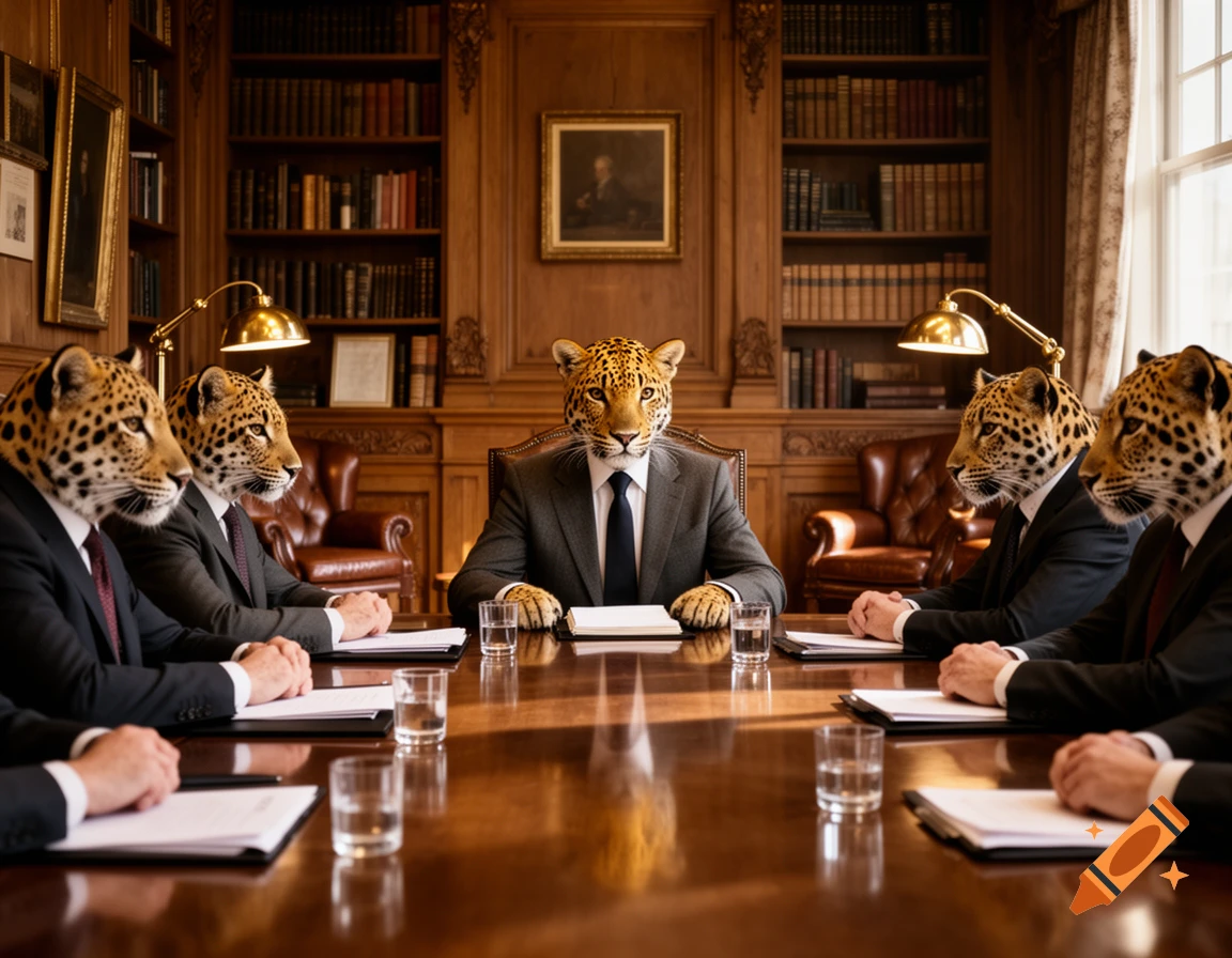 Photorealistic image of a leopard in a suit leading a business meeting with other leopard-headed executives in a wood-paneled library.
