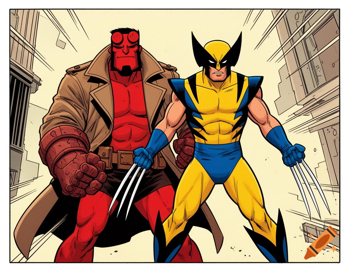 Comic book style illustration of Hellboy and Wolverine standing together in a city street.