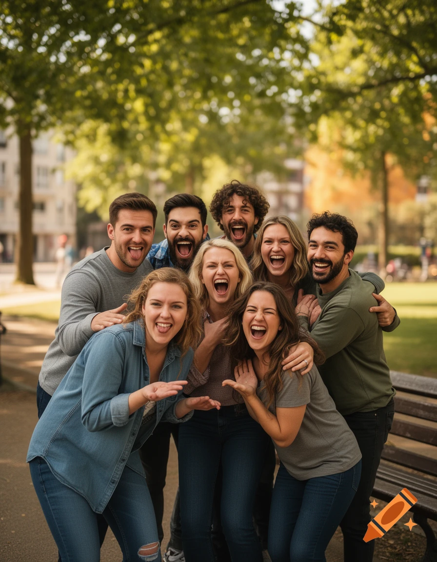 Photorealistic group of diverse friends laughing and making funny faces together in a sunny park.