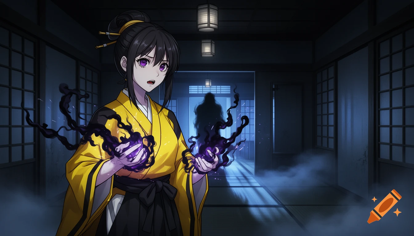 Anime style illustration of a young woman in a yellow robe wielding dark magic in a haunted Japanese hallway.