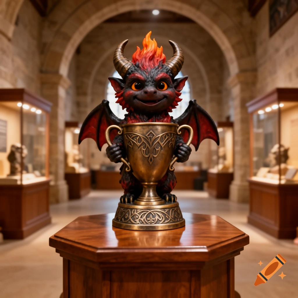 Photorealistic sculpture of a cute, horned red and black balrog creature holding a golden trophy in a museum.