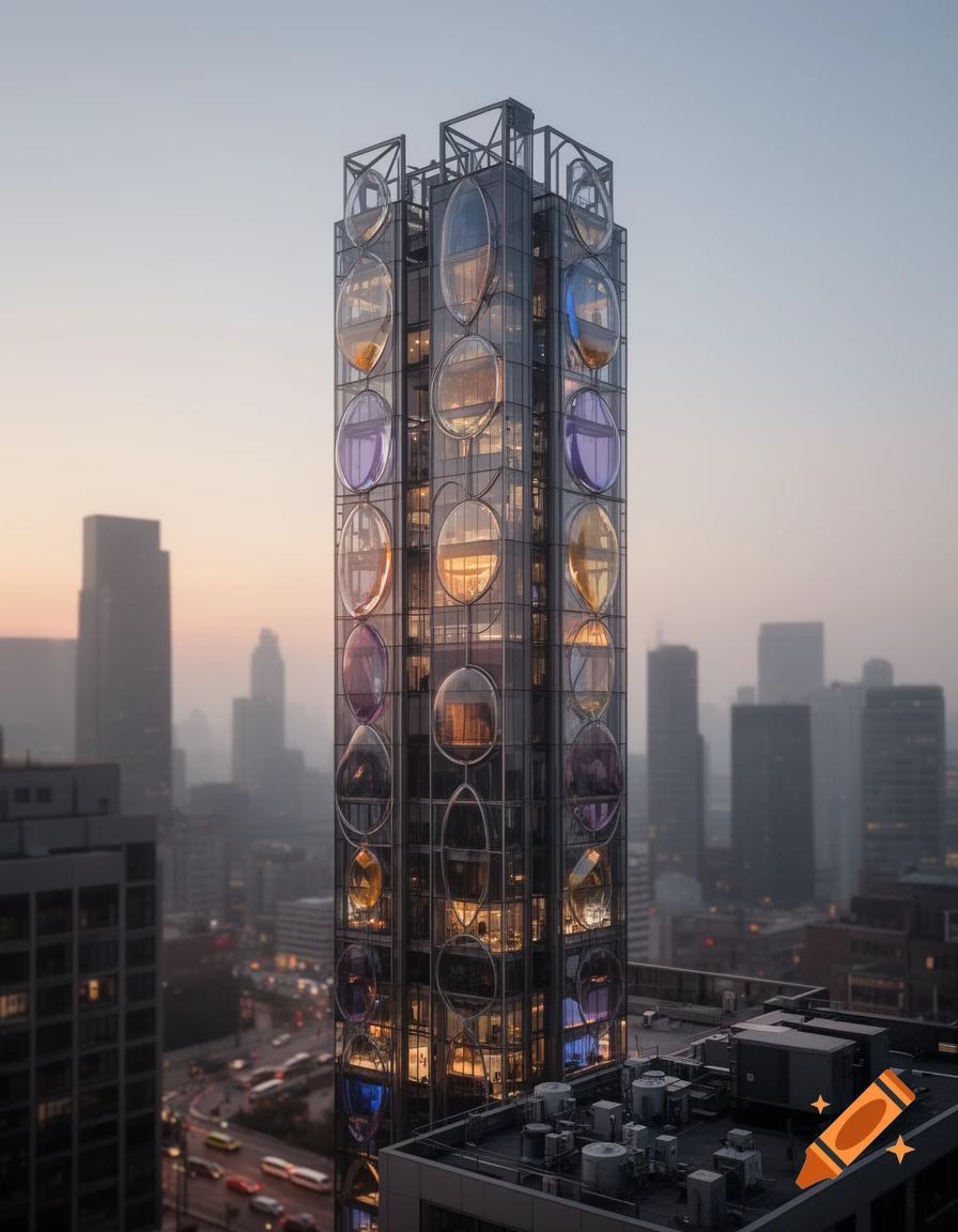 A photorealistic tall skyscraper with large glass oval lenses built into its facade, viewed from above at dusk with city skyline in background.