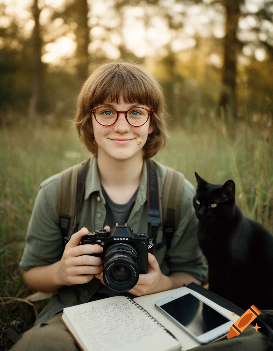 Retro-style photograph of a young person with short hair, round glasses, and freckles, holding a camera next to a black cat.