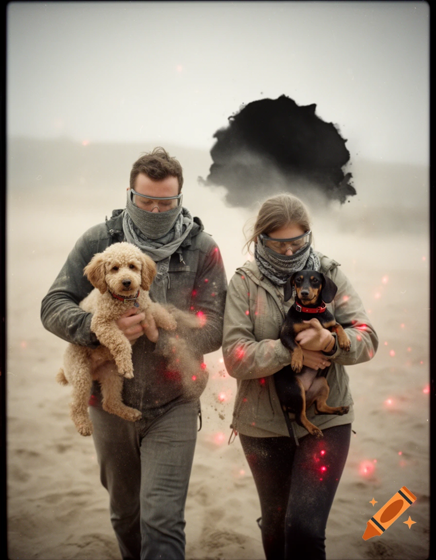 A man and woman in protective gear and goggles walking on a sandy beach while carrying puppies, with an inkblot overlay.