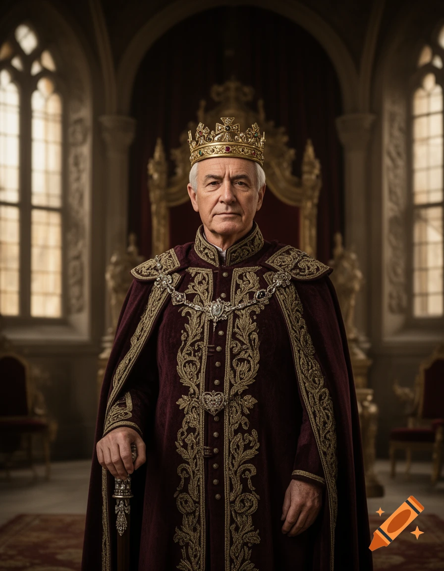Photorealistic portrait of a middle-aged king wearing a golden crown and a detailed burgundy velvet robe inside a grand hall.
