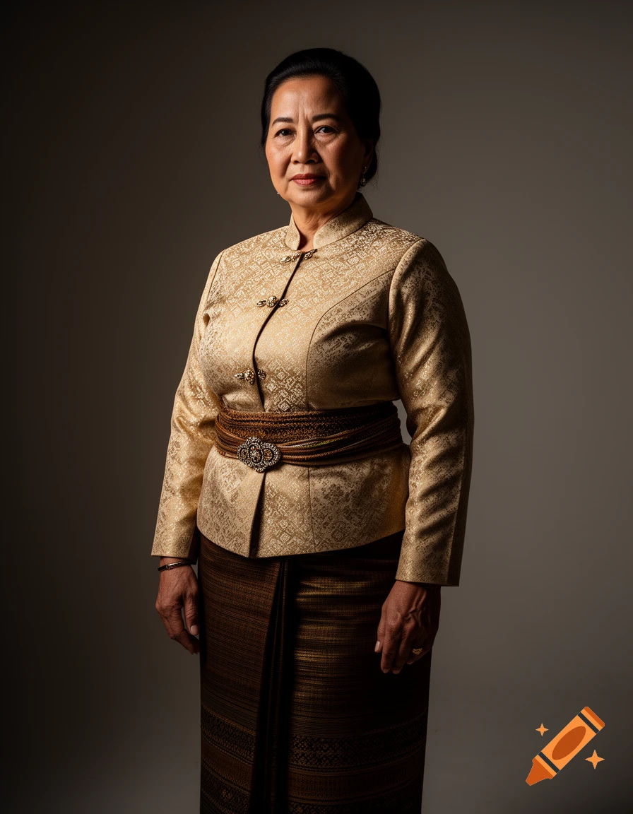 Photorealistic portrait of a mature Burmese woman in traditional gold jacket and brown htamein skirt against a neutral background.