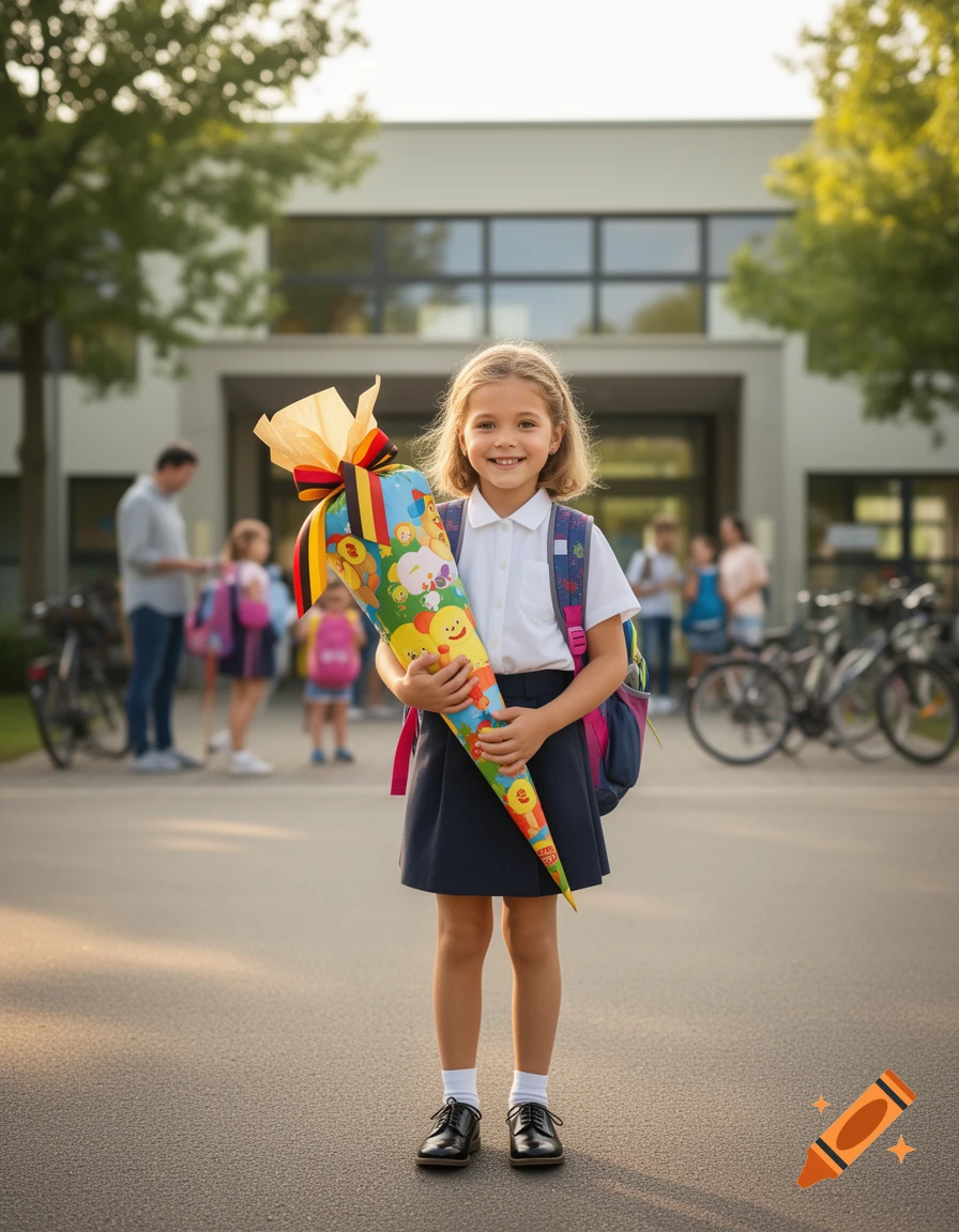 A young smiling girl holding a colorful Schultüte cone for her first day of school in front of a school building.