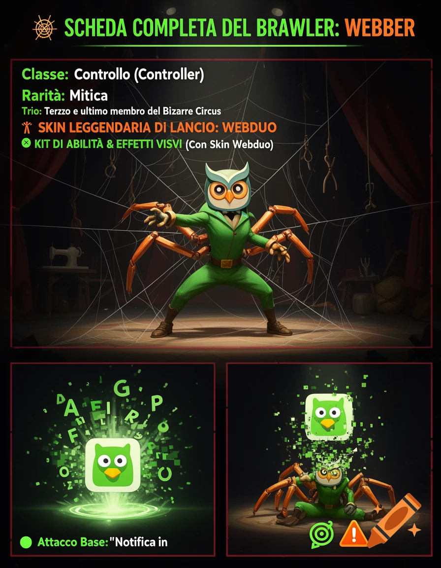 Brawler character concept art featuring an owl-masked figure in a green suit with spider legs, inspired by Duolingo.
