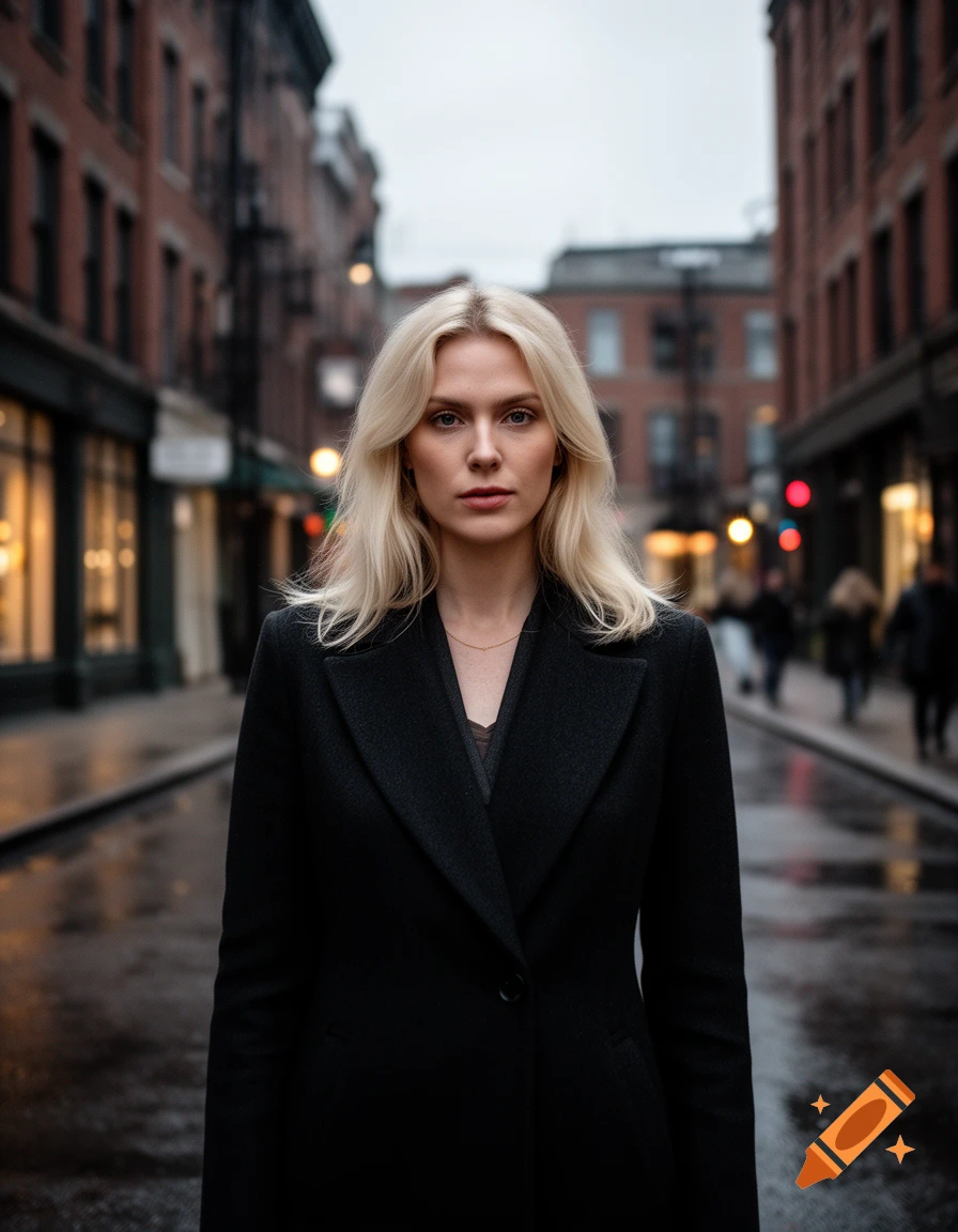 Photorealistic portrait of a tall blonde woman in a black coat standing on a wet city street.