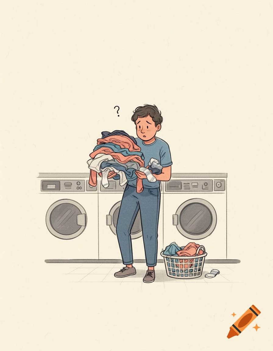 Hand-drawn illustration of a man standing in front of dryers in a laundromat, holding a pile of laundry with a question mark above his head.