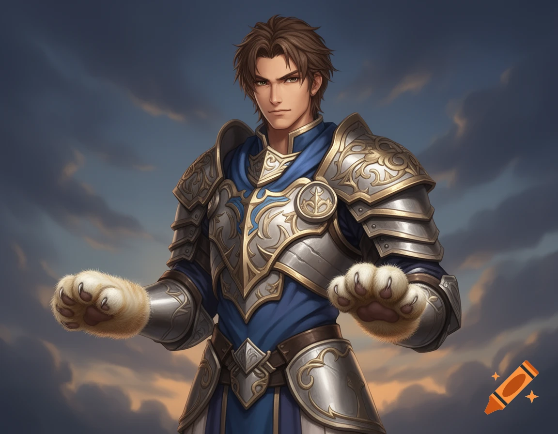 Fantasy digital illustration of a male character in ornate silver and blue armor with cat paws for hands, standing against a cloudy sky.