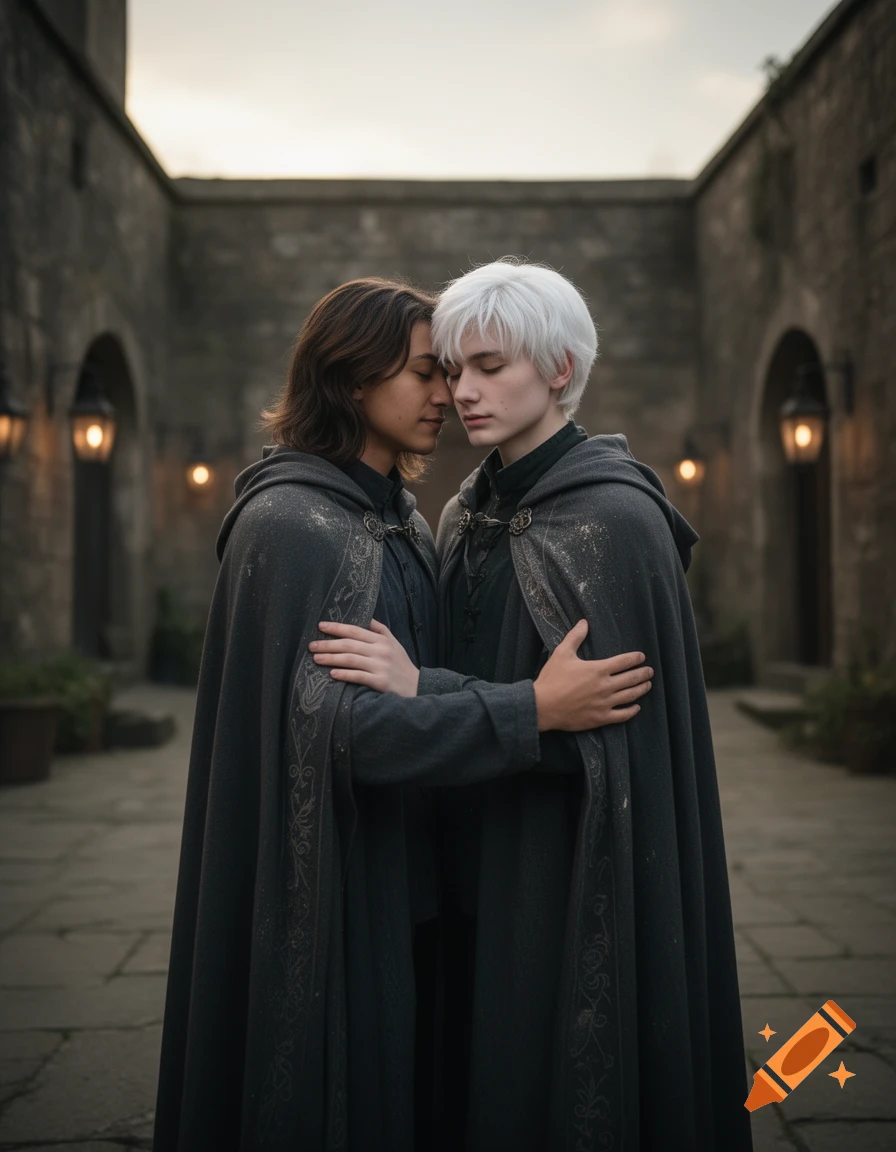 Two young male magicians in grey cloaks embracing in a stone courtyard, photorealistic.