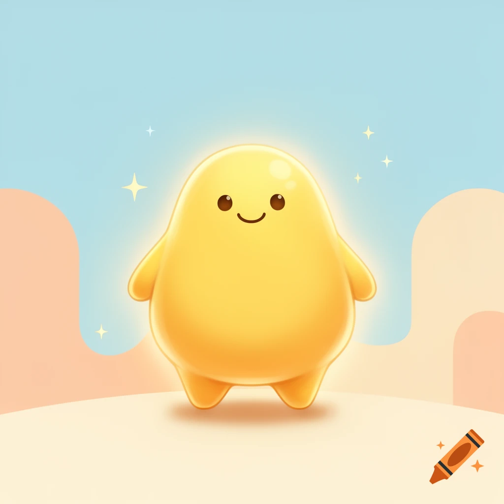 A 3D cartoon style yellow blob character with a simple smiling face, stubby arms, and legs against a pastel background.