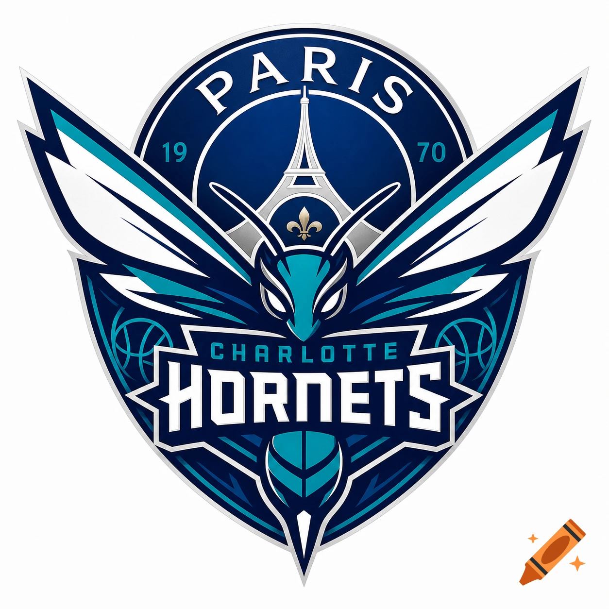 Fictional sports logo combining Paris and Charlotte Hornets elements featuring a hornet, Eiffel Tower, and text.