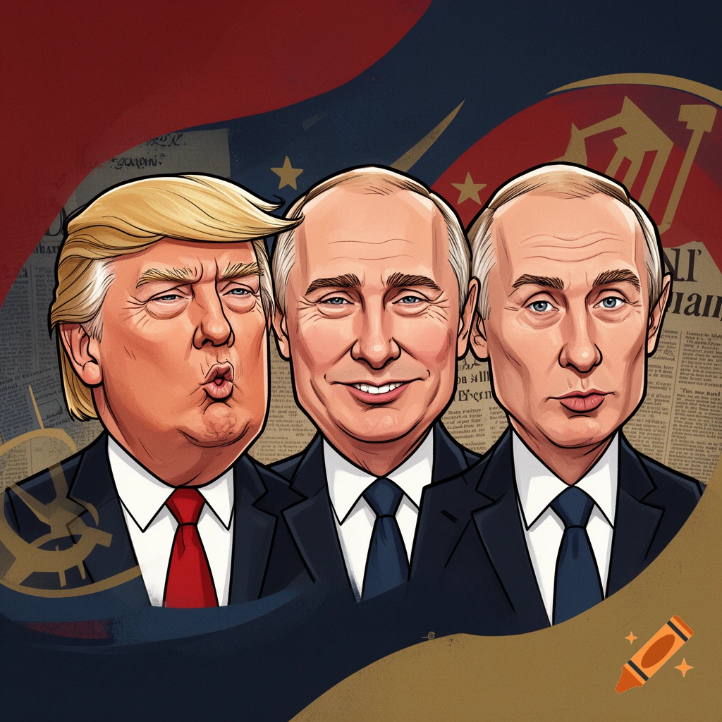Digital caricature illustration of Donald Trump and two figures resembling Vladimir Putin in suits against a propaganda-style background.
