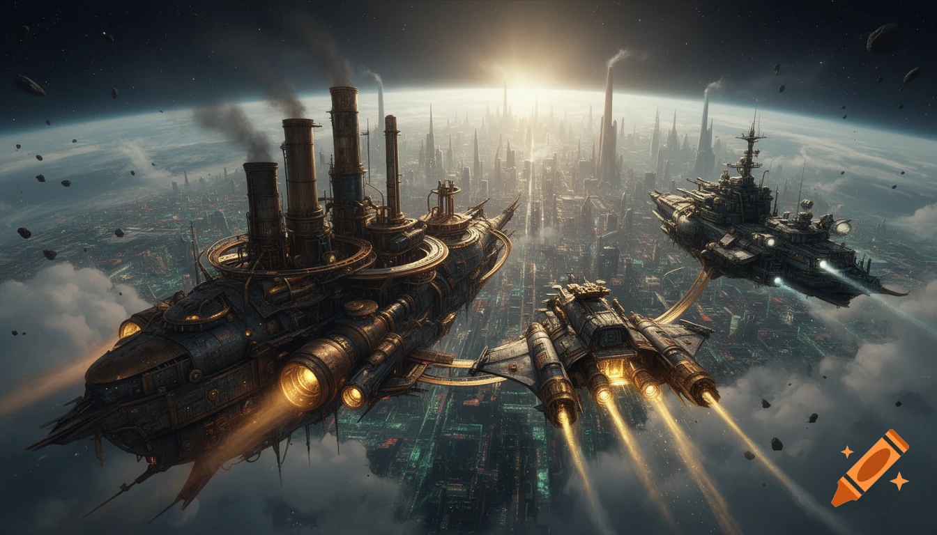 Steampunk space ships flying above an ecumenopolis planet with a bright sun in the background.
