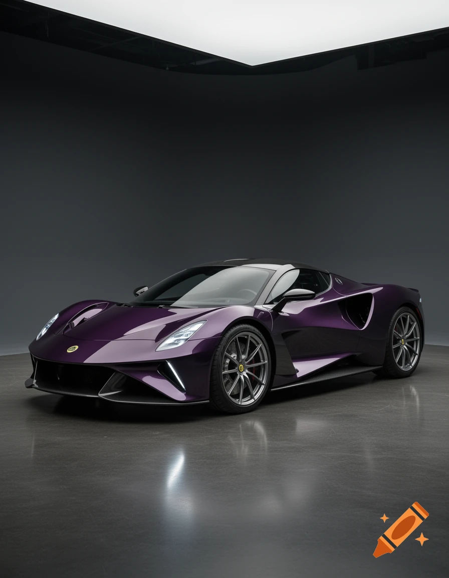 Photorealistic studio shot of a dark amethyst purple Lotus Evija electric hypercar parked on a glossy concrete floor under moody lighting.