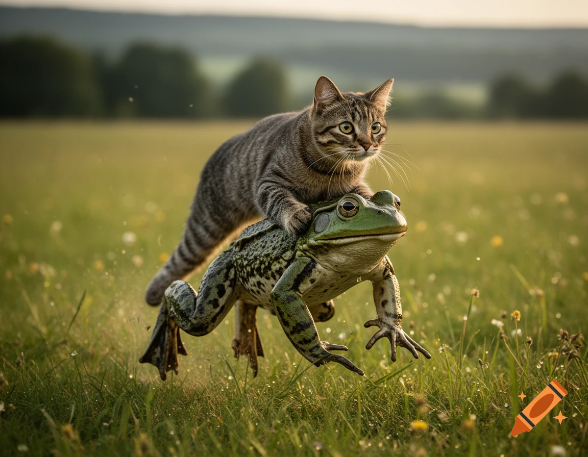 Photorealistic image of a tabby cat riding on the back of a large green frog in a grassy field.
