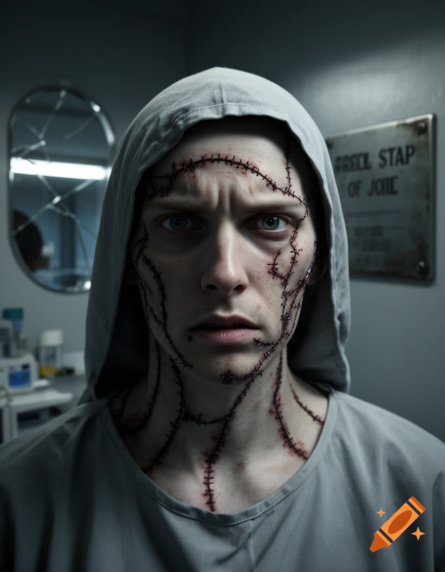 Photorealistic close-up portrait of a person with complex surgical stitches across their face and neck, wearing a grey hooded robe in a dim room.