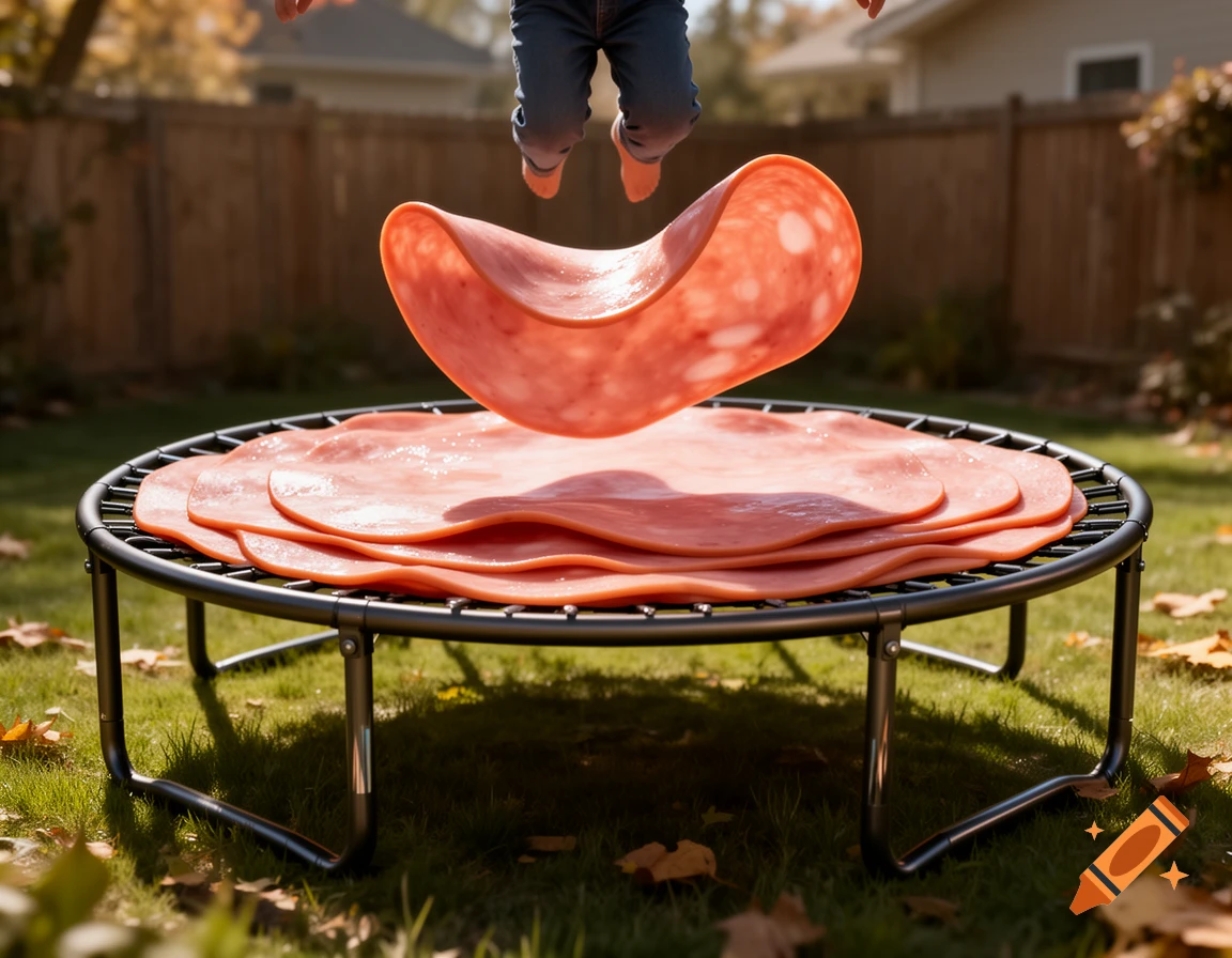 Photorealistic image of a person jumping on a trampoline made of layered slices of baloney in a suburban backyard.