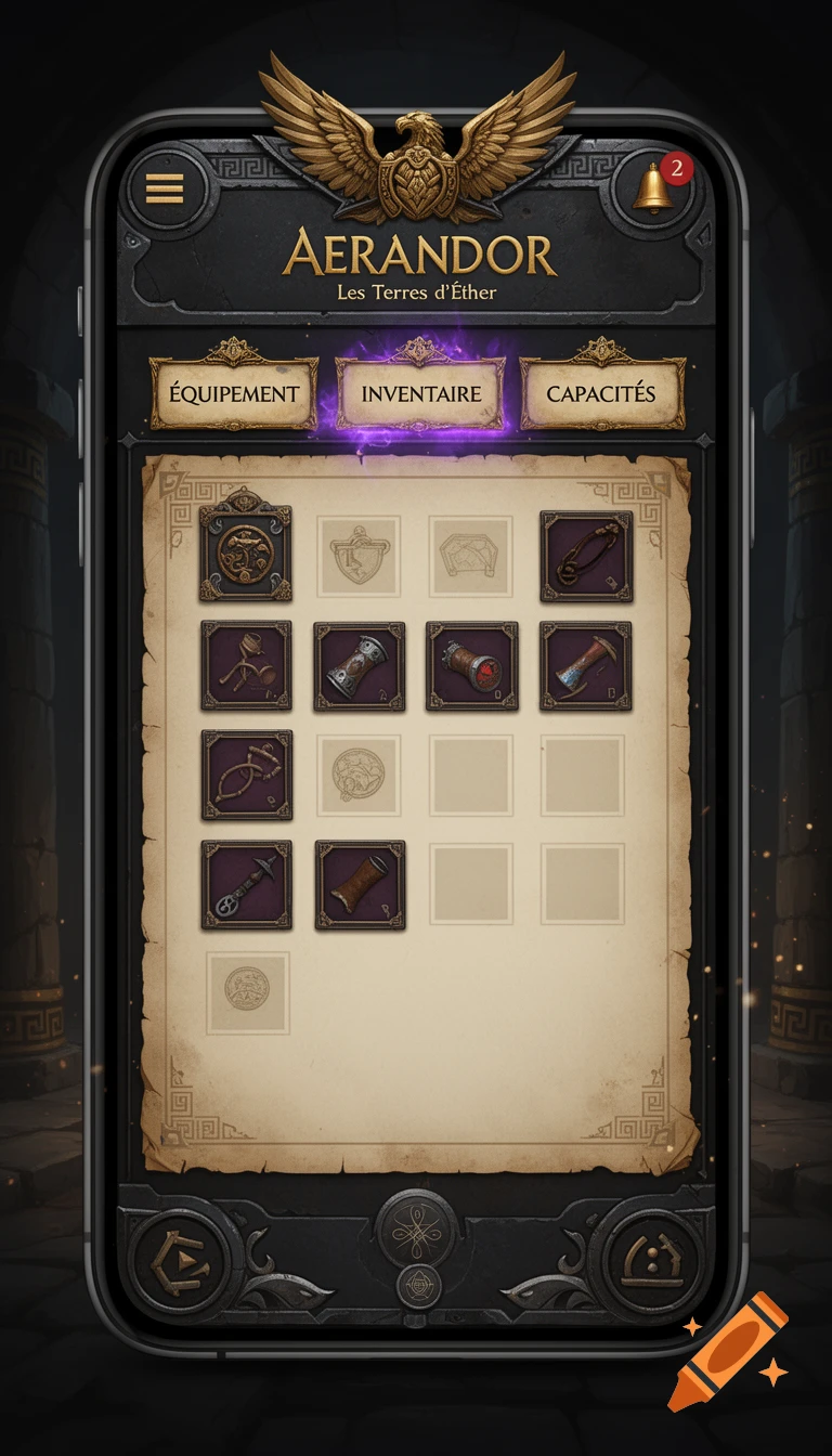 Mobile UI design for a high-fantasy TTRPG inventory screen with parchment background, golden eagle crest, and equipment tabs.
