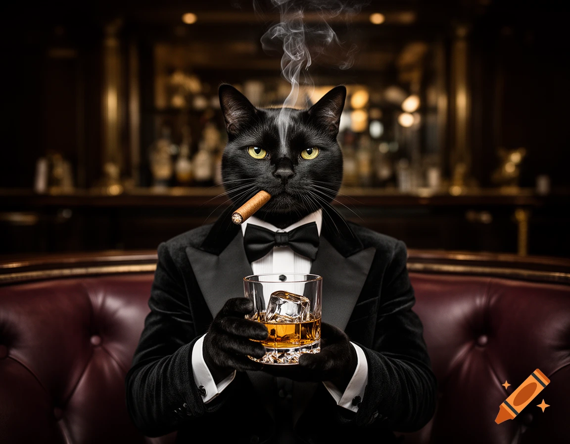 Photorealistic image of an elegant black cat in a tuxedo smoking a cigar and holding a glass of whisky in a bar.