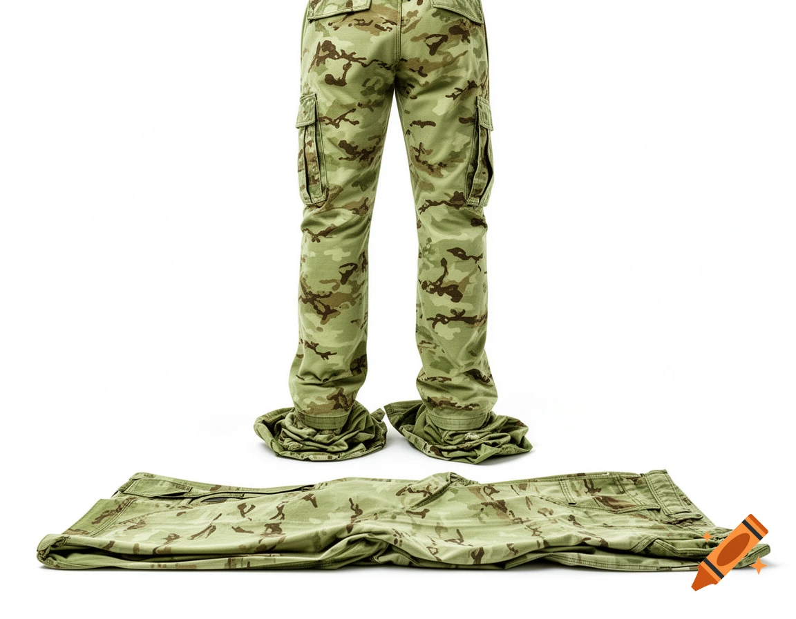 Two pairs of camouflage cargo pants against a solid white background, one being worn and one on the floor.