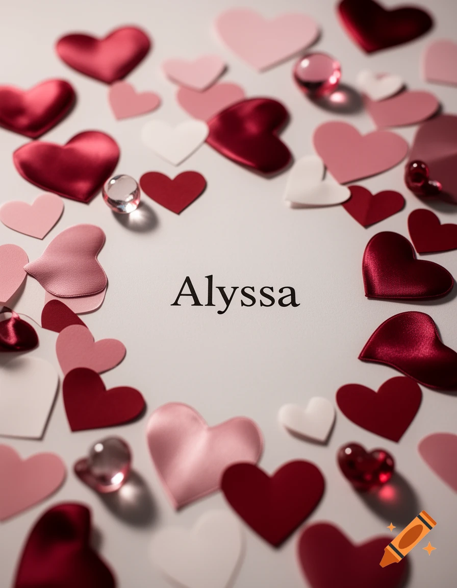 Top-down view of a white surface arranged with red and pink satin and paper hearts, surrounding the name Alyssa.