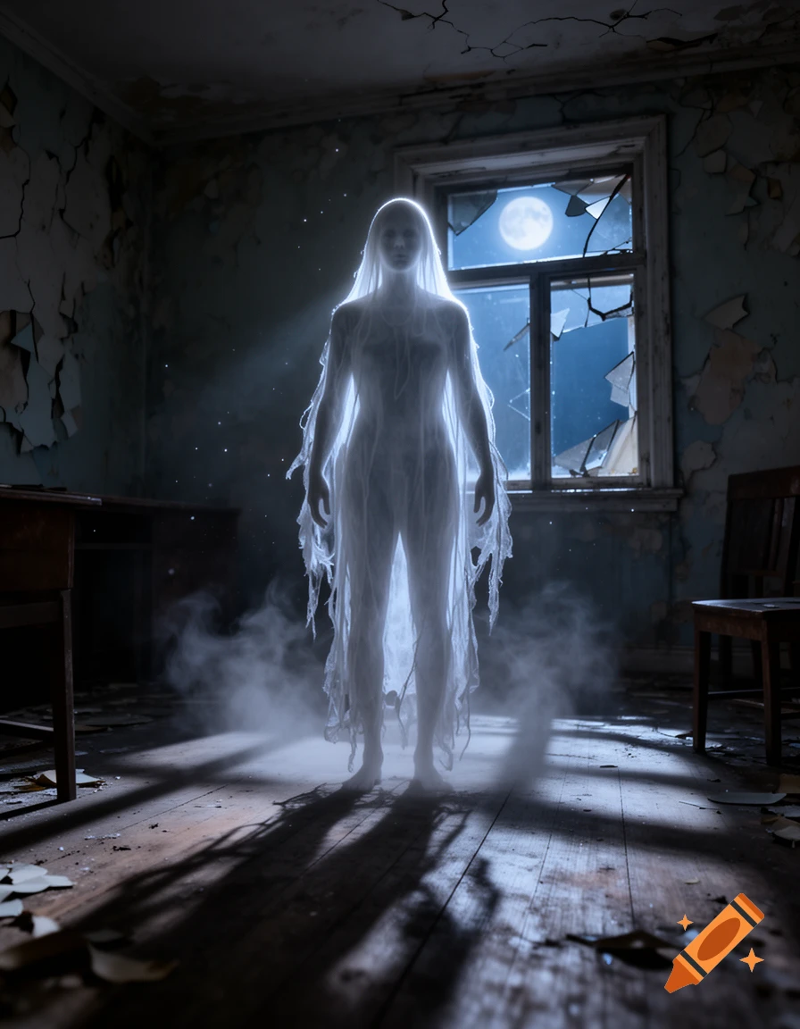 Photorealistic ghostly figure in a tattered translucent shroud standing in a ruined, dark room with a broken window and moonlight.