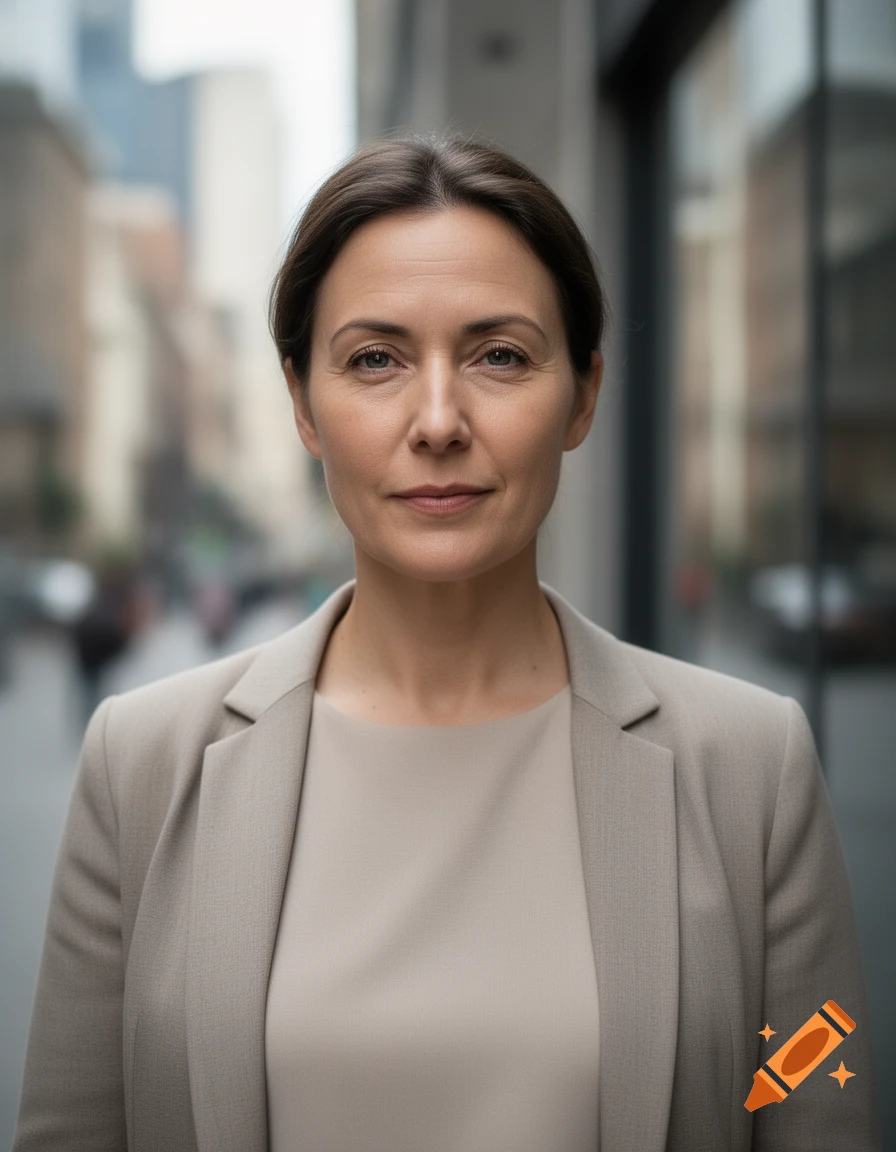 Photorealistic medium shot portrait of a middle-aged woman in a beige blazer and top outdoors in a city setting.