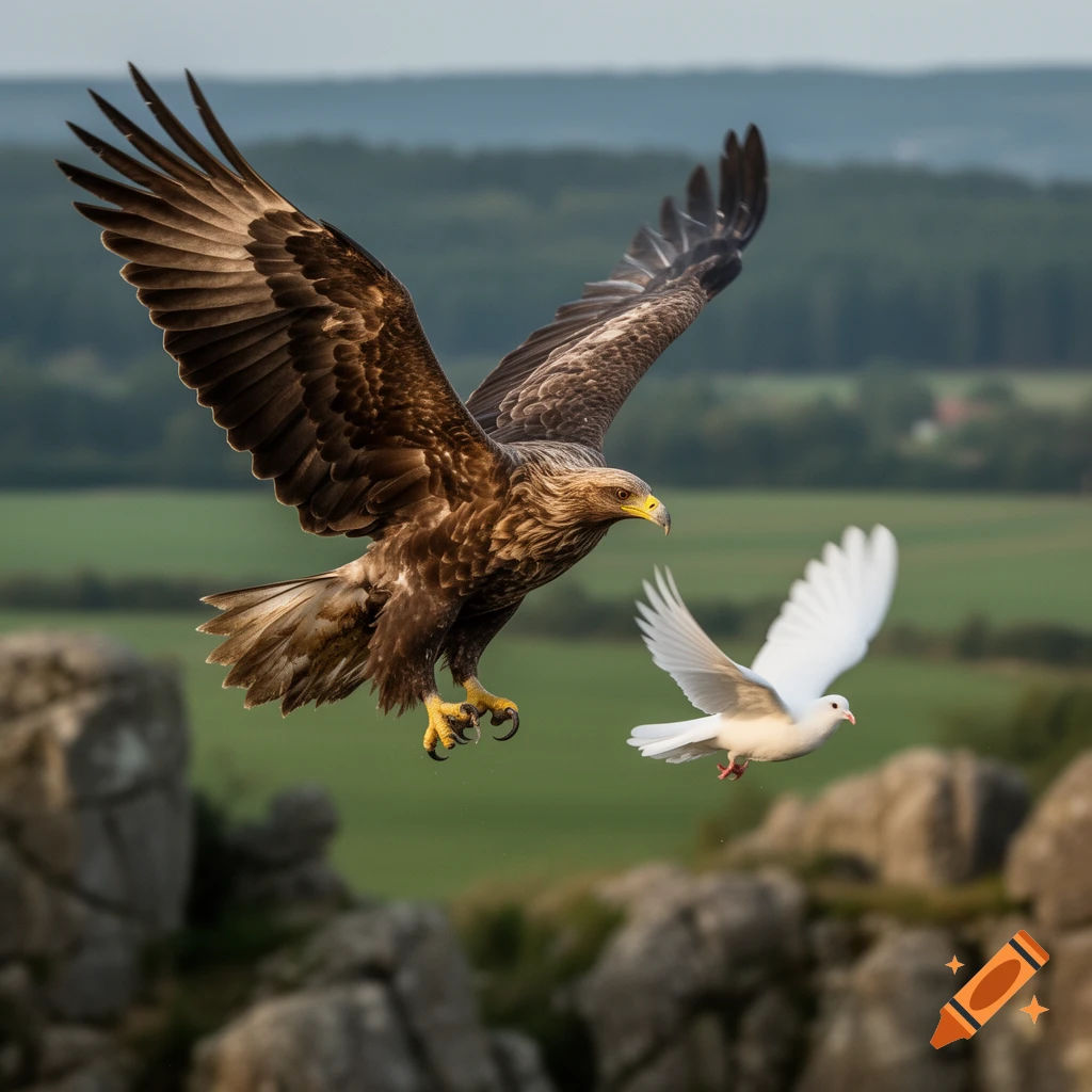Photorealistic image of a golden eagle flying towards a white dove amidst a rocky landscape with green fields in the background.