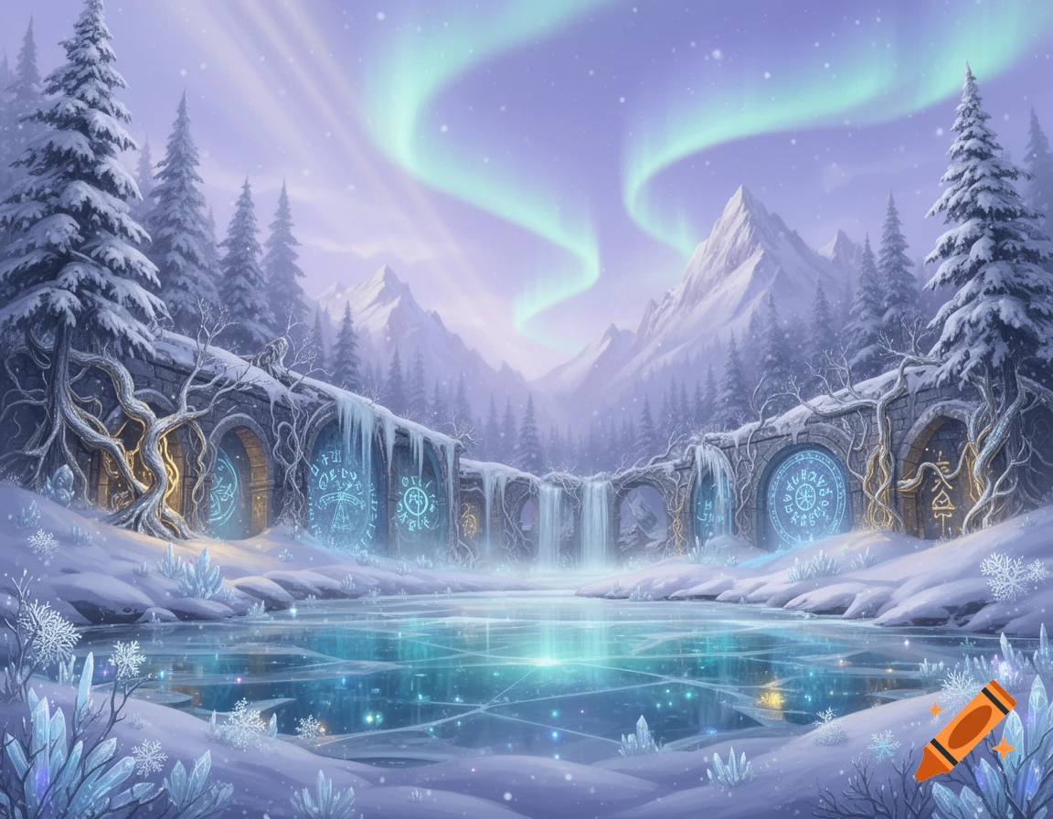 Digital illustration of a magical winter landscape with icy ruins, glowing runes, waterfalls, pine trees, and an aurora borealis.