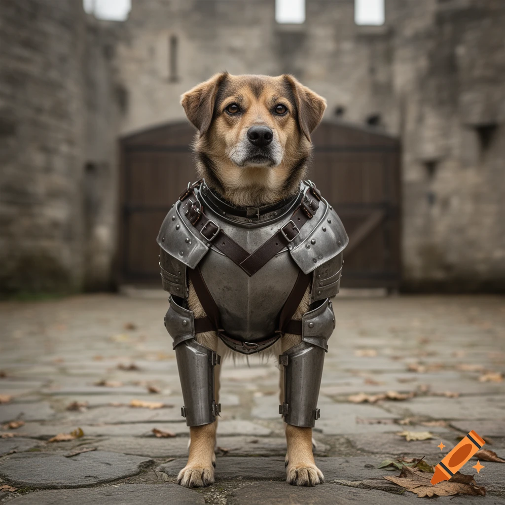 Photorealistic image of a brown dog wearing medieval steel armor, standing on a stone courtyard in front of a castle gate.