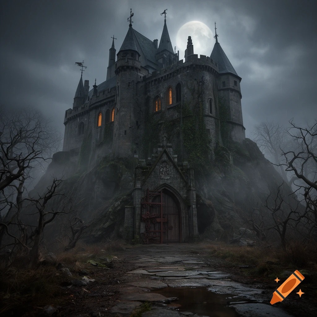 Spooky gothic castle perched on a rocky hill under a full moon and cloudy sky, photorealistic.