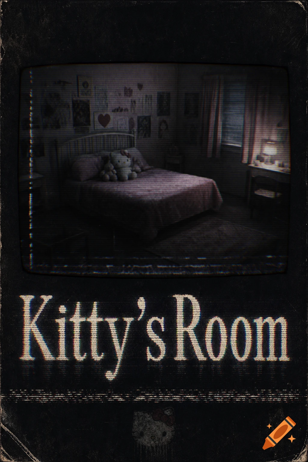 A creepy found footage VHS style image of a bedroom with a bed and a Hello Kitty plush, titled Kitty's Room.