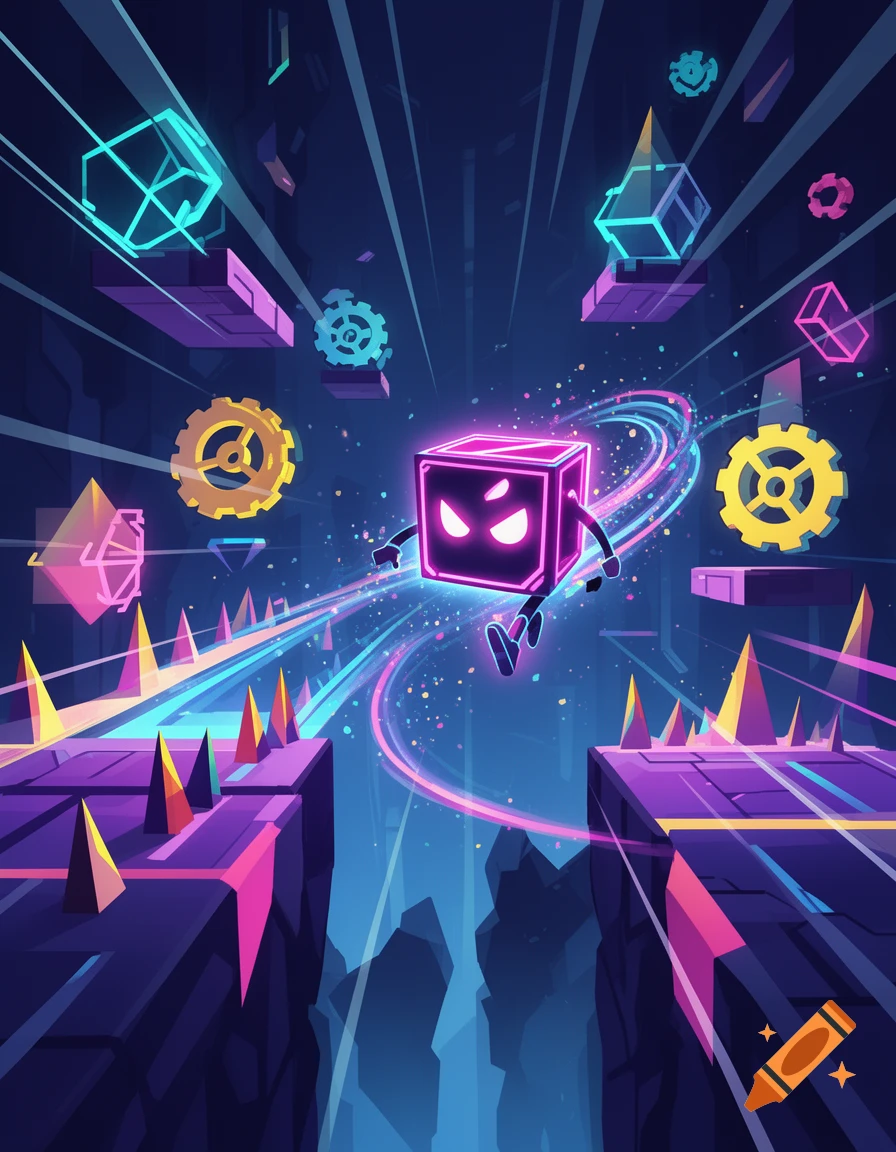 Digital illustration of a glowing neon cube character jumping over spikes in a futuristic obstacle course.