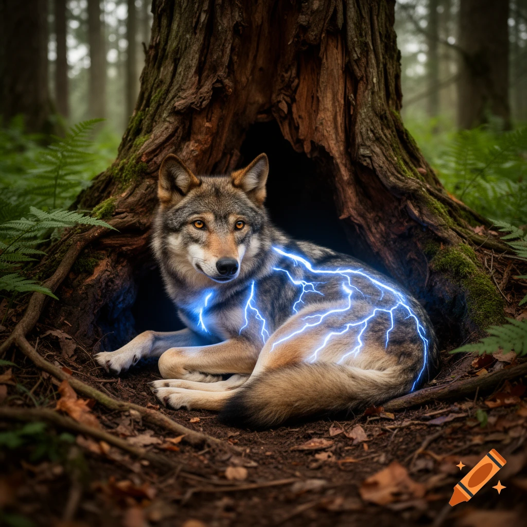 Photorealistic female wolf with glowing blue lightning-like patterns resting in the hollow of a large tree in a forest.