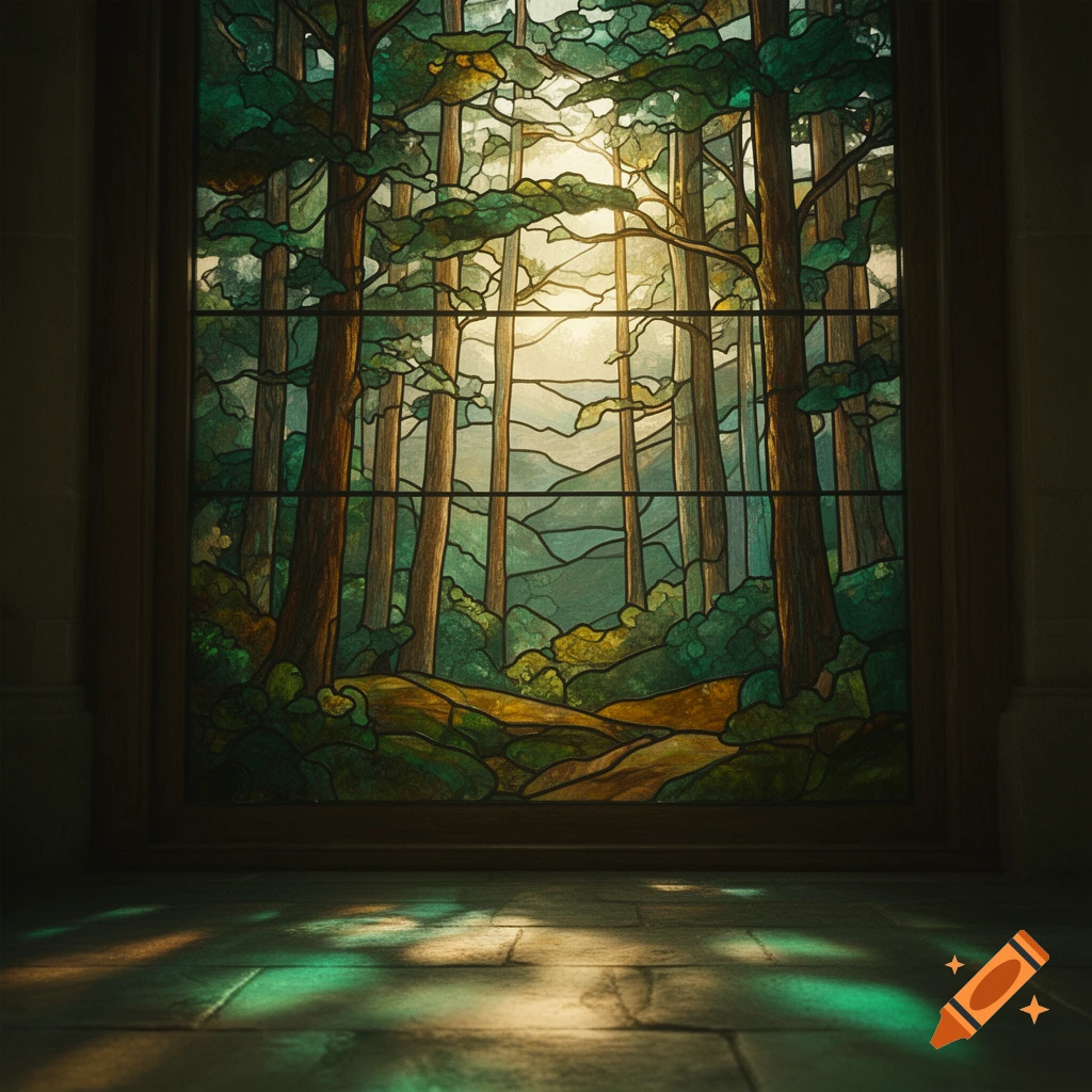 Stained glass window depicting a serene forest scene with tall pine trees and morning sunlight.