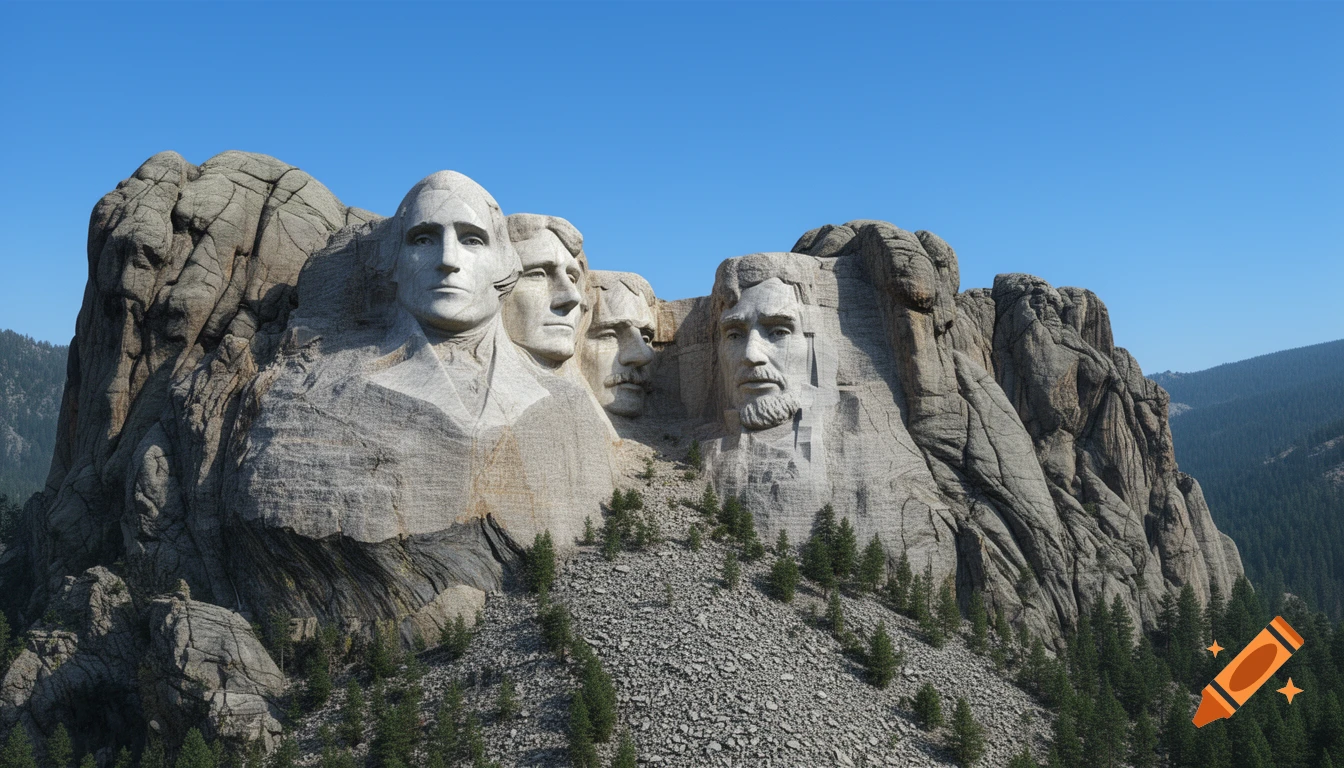 Photorealistic view of Mount Rushmore with George Washington on the left and Abraham Lincoln on the right, with missing middle faces replaced by natural rock.