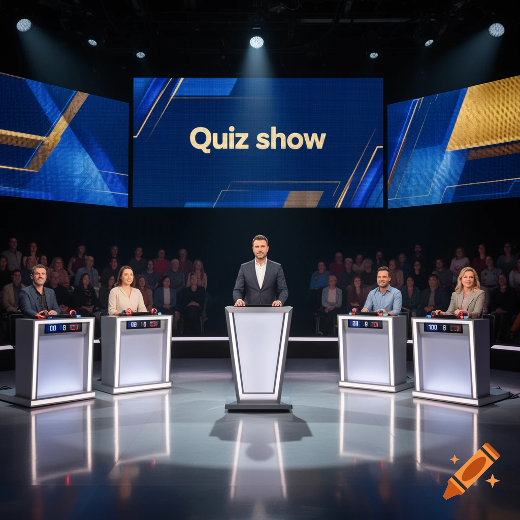 Photorealistic image of a television quiz show studio with a host at a central podium and four contestants at their respective podiums.