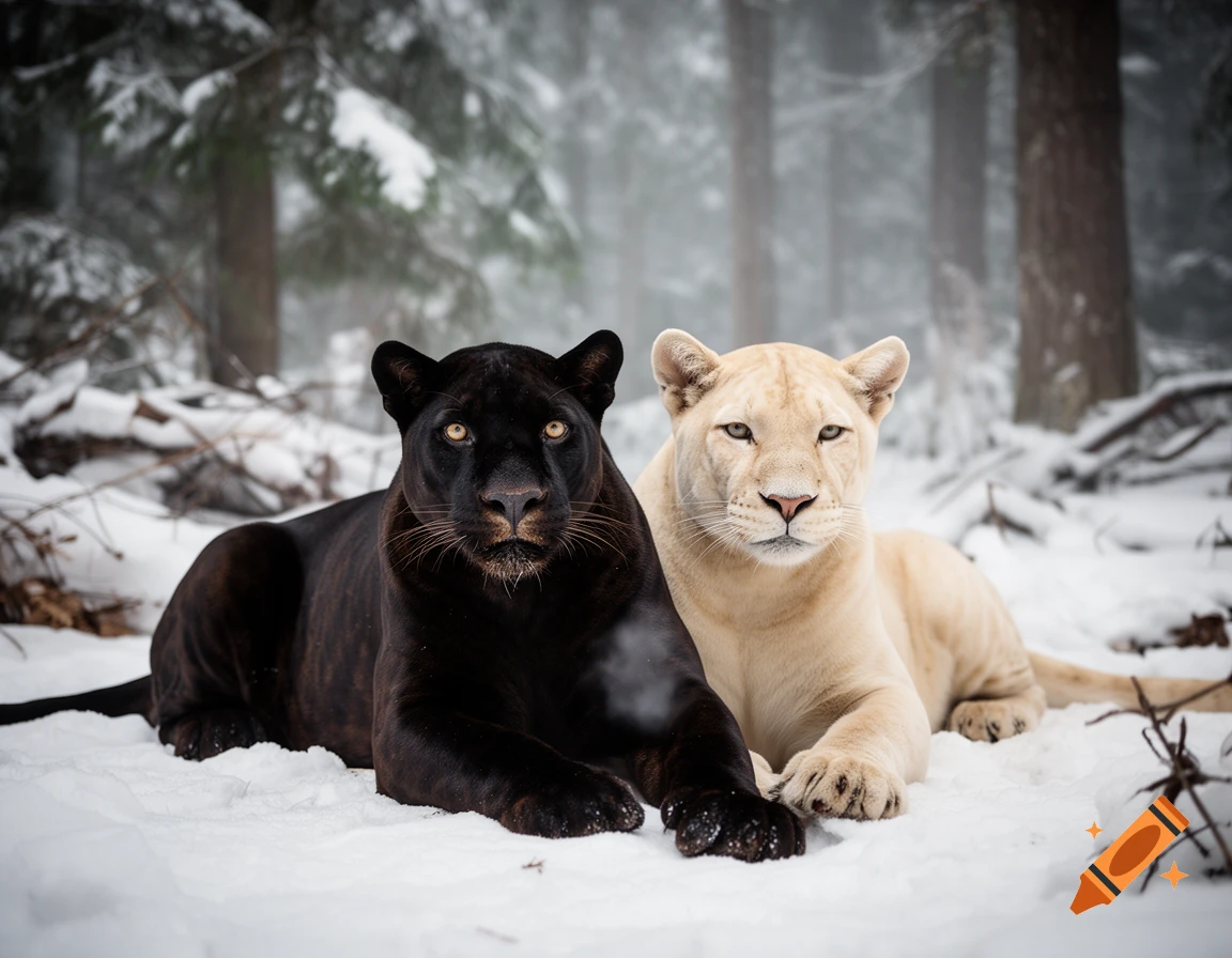 Photorealistic image of a black panther and a white lion lying side by side in a snowy forest.