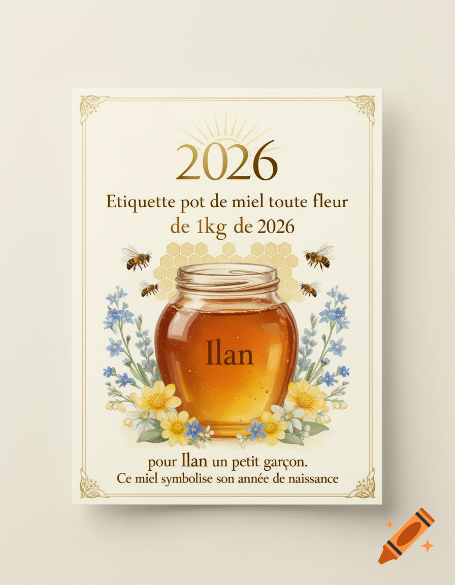 Watercolor illustration of a 1kg honey jar labeled Ilan, surrounded by bees, blue and yellow flowers, and honeycomb patterns.