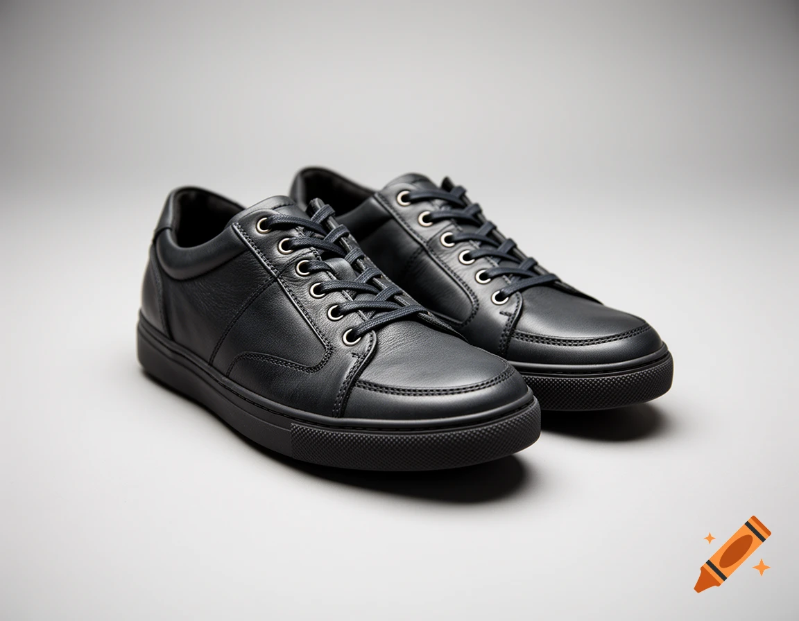 Photorealistic product shot of a pair of black leather sneakers on a grey gradient background.
