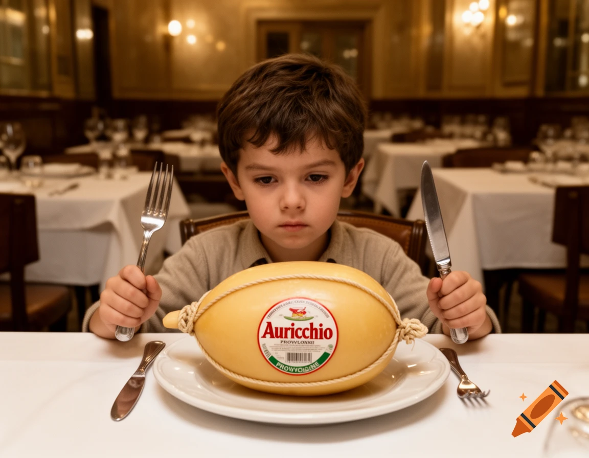 Photorealistic image of a young boy sitting at a restaurant table holding a fork and knife, looking at a whole Auricchio provolone cheese.