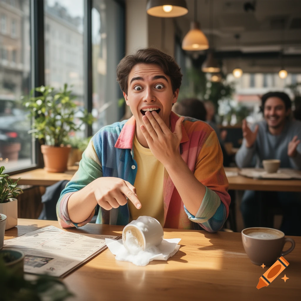 Photorealistic scene of a surprised young man in a cafe pointing at an accidentally spilled cup of coffee.
