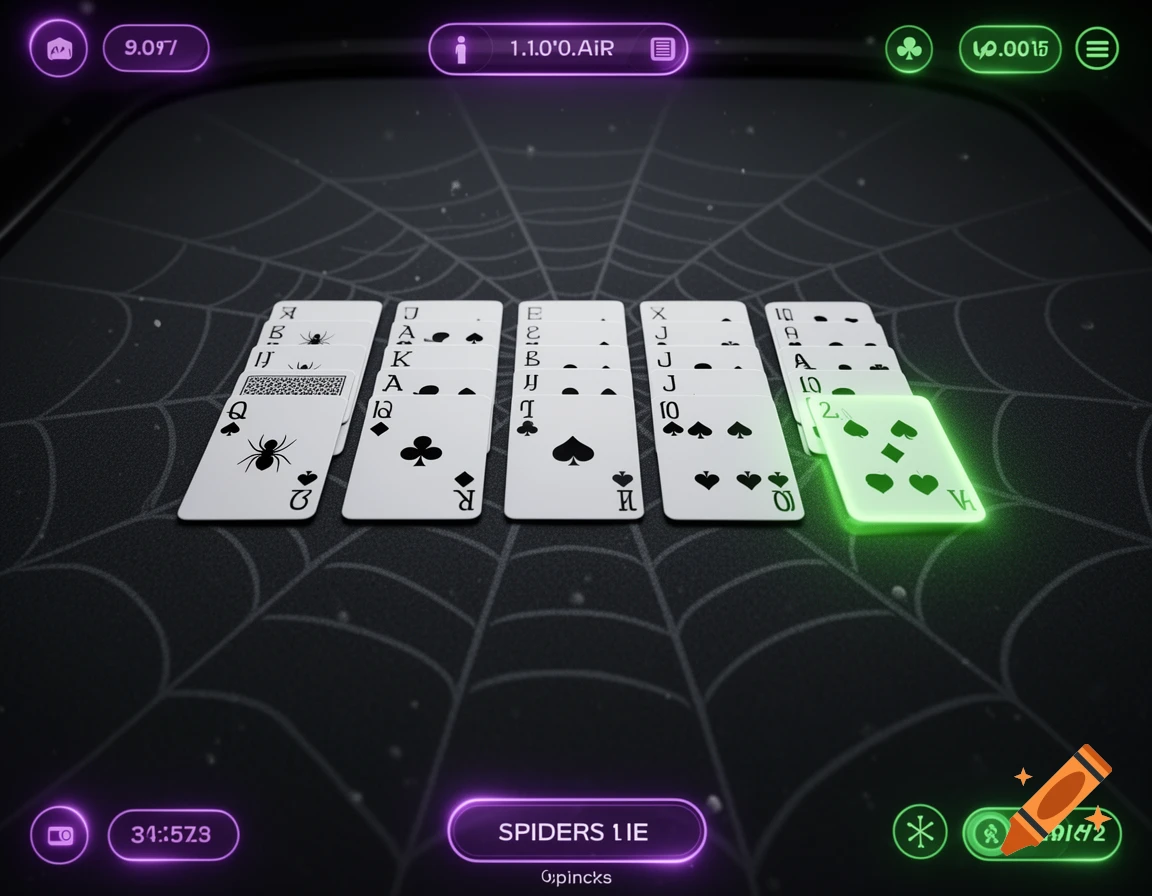 Stylized digital spider solitaire card game interface with dark mode aesthetic and neon accents.