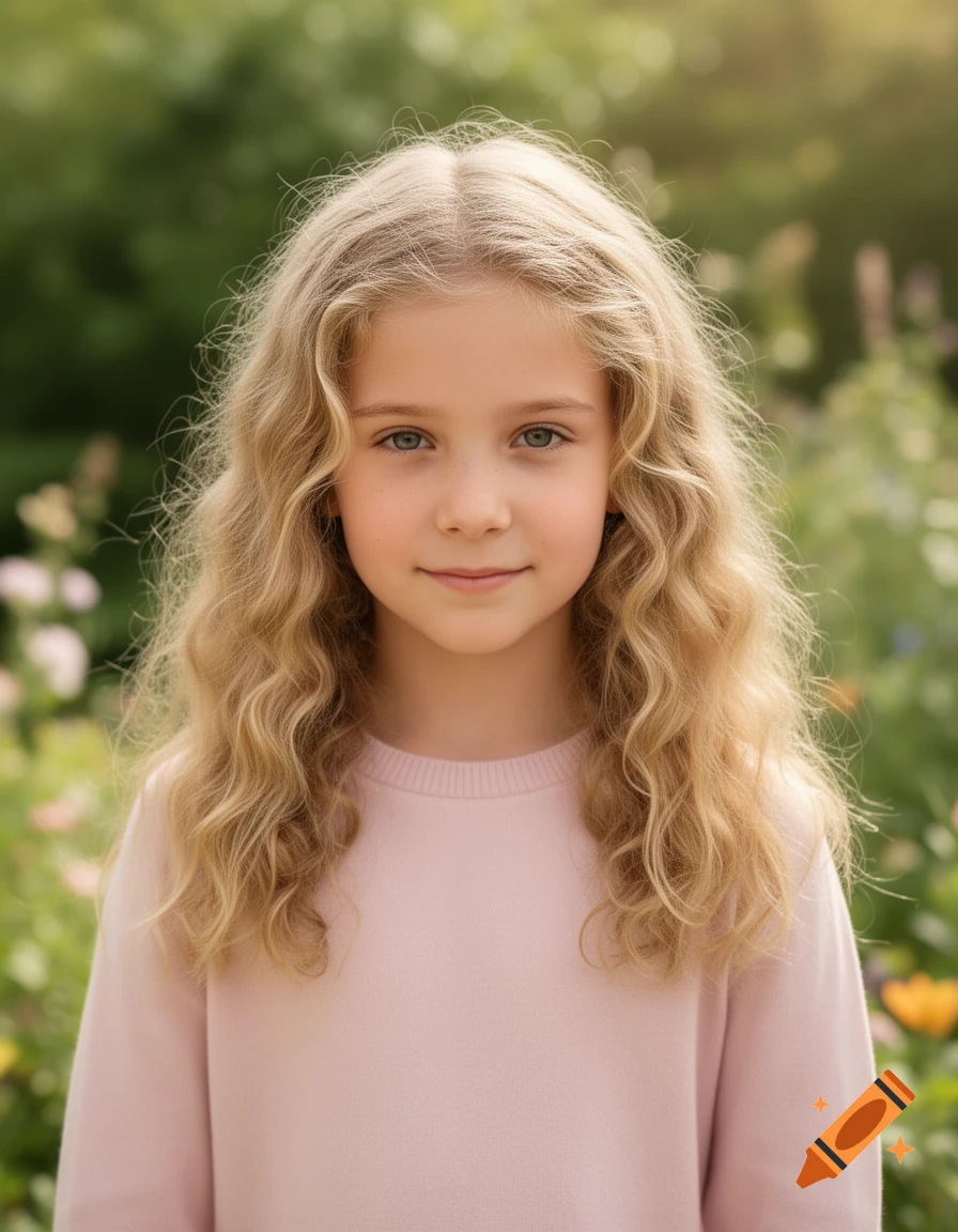 Photorealistic portrait of a young blonde girl with curly hair wearing a pink sweater in a garden setting.