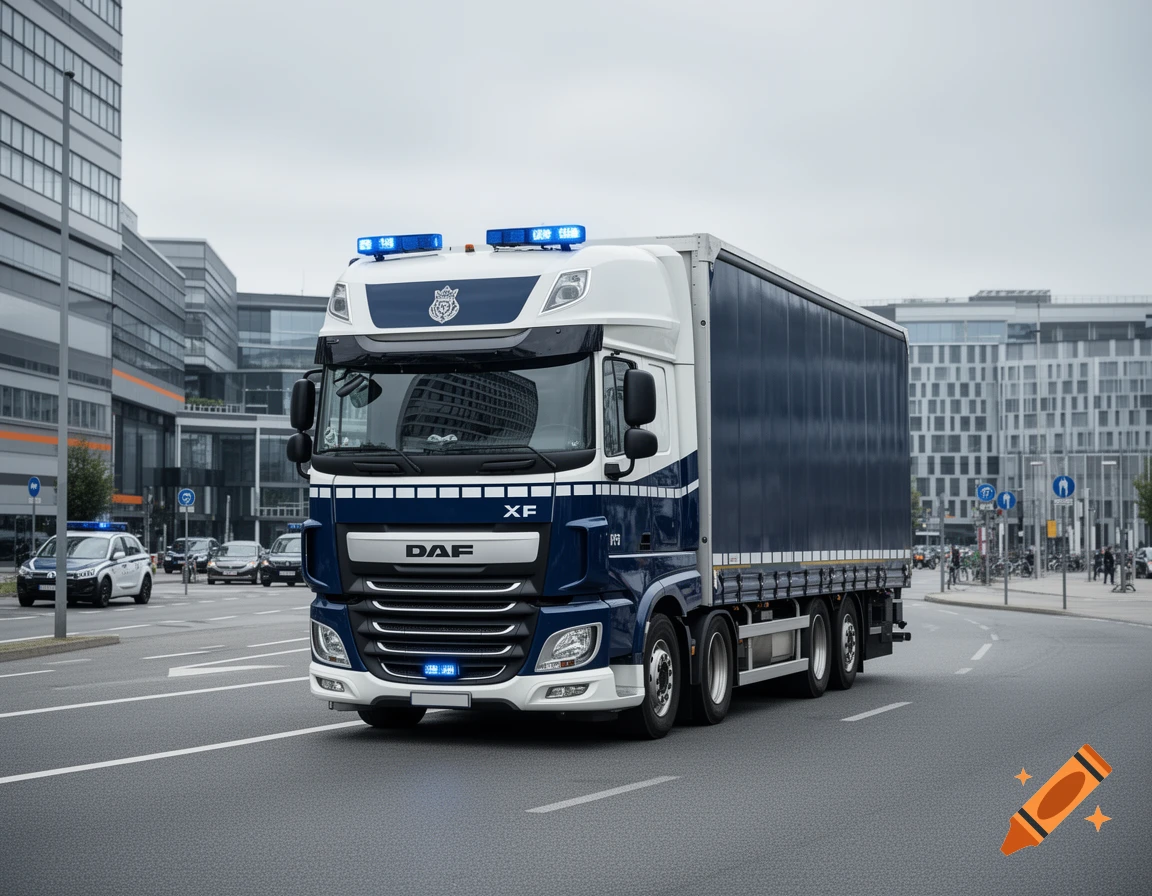 Photorealistic blue and white DAF XF police semi-truck driving on a city street.