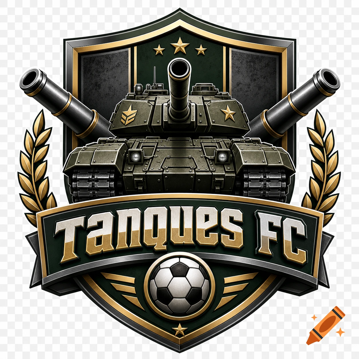 Digital emblem of Tanques FC featuring a battle tank, soccer ball, and golden laurel wreaths on a shield.