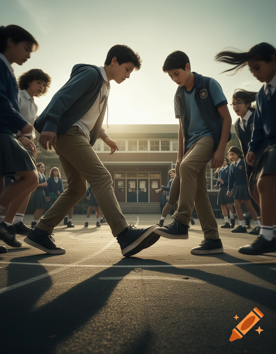 Photorealistic image of school children interacting and playing on a paved school yard during sunset.
